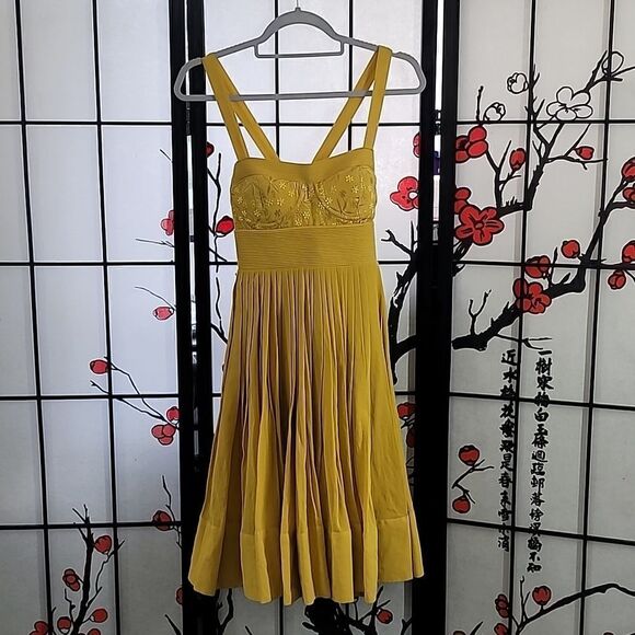Anthropologie Anita Dongre Mustard Yellow Embroidered Pleated Cotton Dress. - Picture 2 of 14